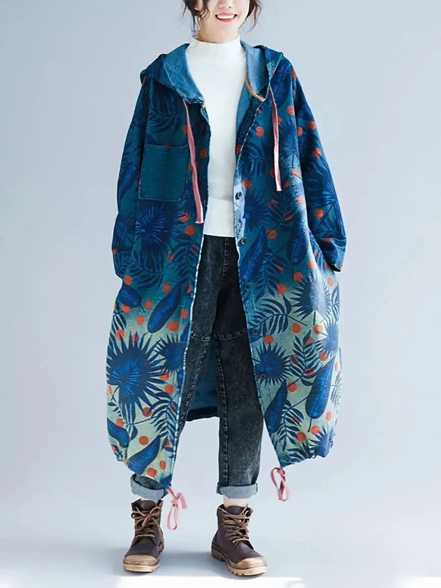 Women Leaf Gradual Print Denim Hooded Long Coat