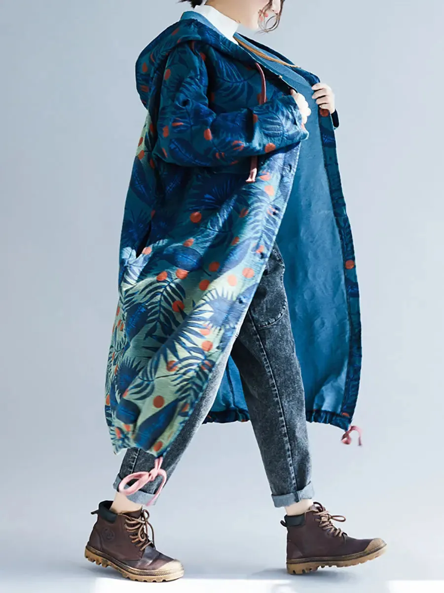 Women Leaf Gradual Print Denim Hooded Long Coat