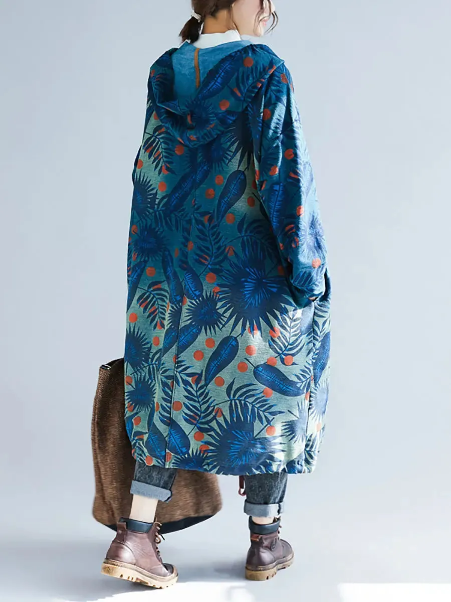 Women Leaf Gradual Print Denim Hooded Long Coat