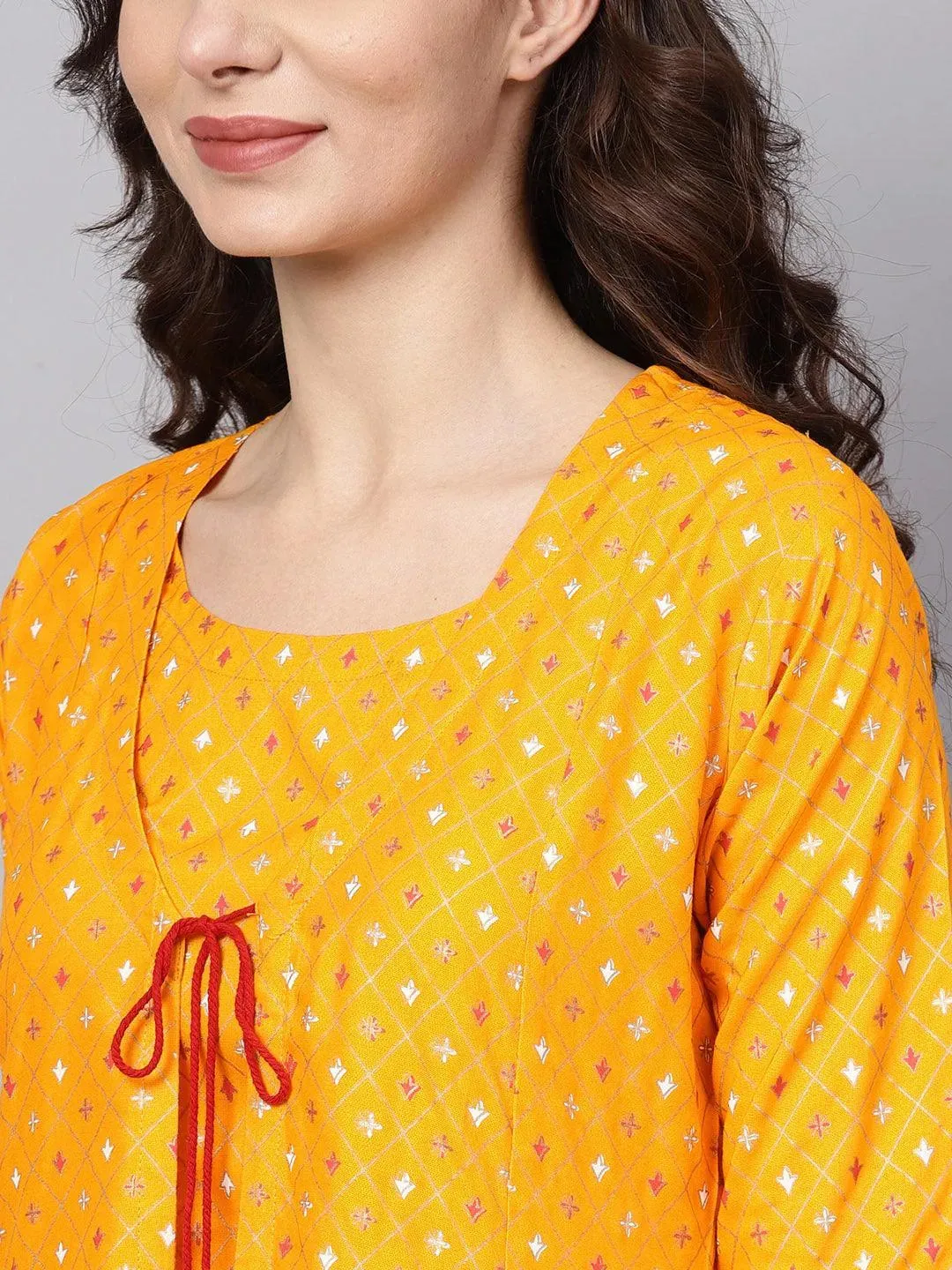 Yellow Printed Cotton A-Line Top With Jacket